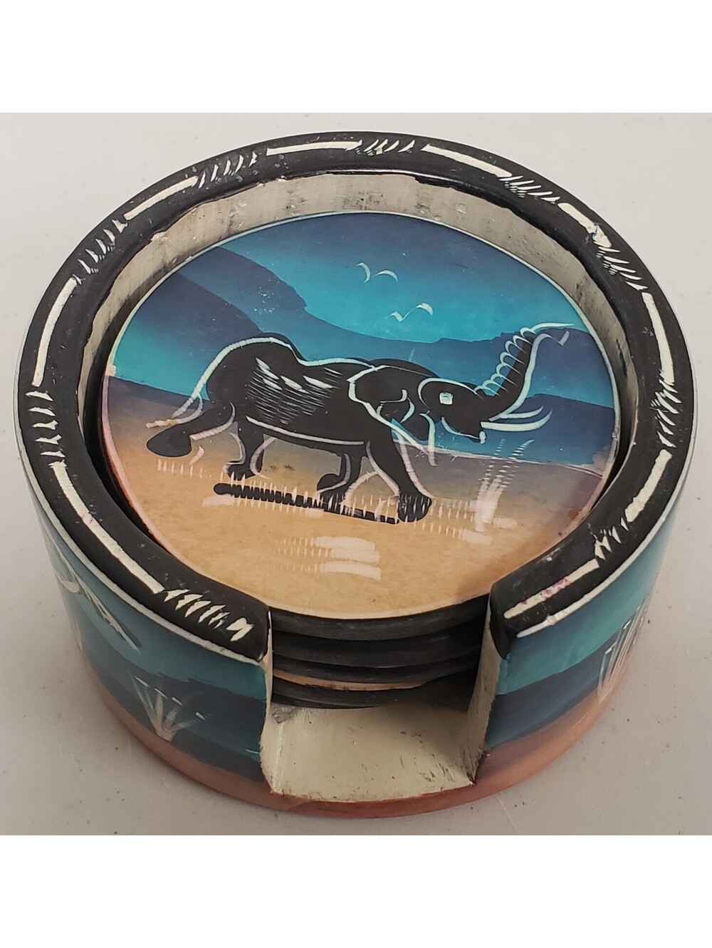 Hand Painted African Wildlife Ceramic Coaster Set with Holder VG